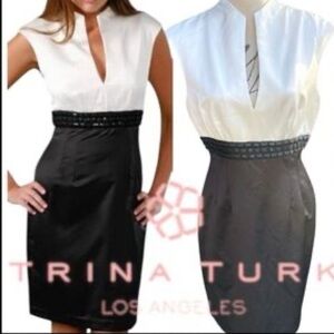 Trina Turk Black and White V-Neck Waist-Accent Sheath Dress